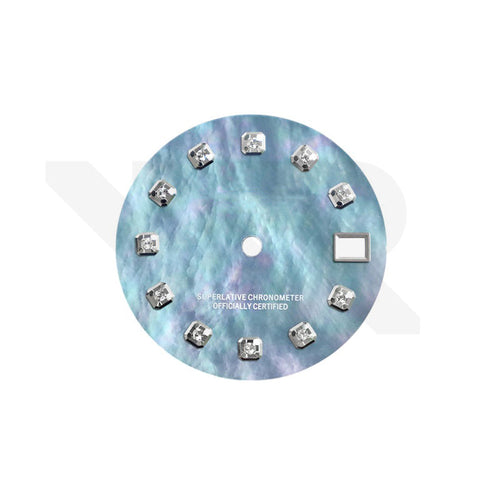 Date Just Style Mother of Pearl Dial with Zirconia Indices for Seiko Mod: Blue MOP No Minute Markers