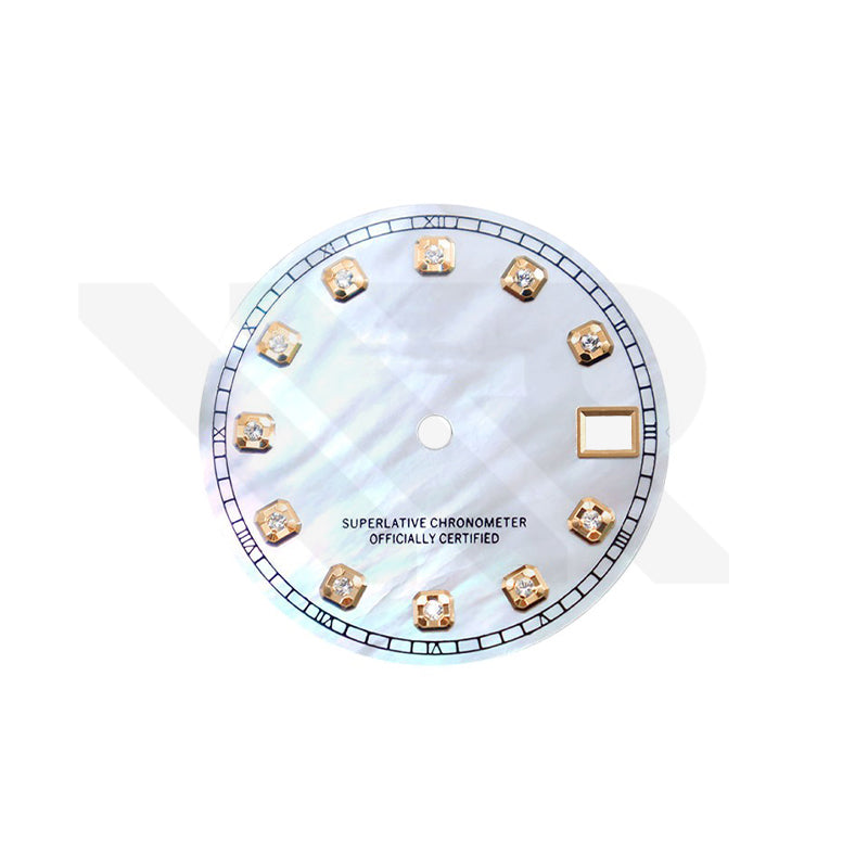Date Just Style Mother of Pearl Dial with Zirconia Indices for Seiko Mod: White MOP with Minute Marker