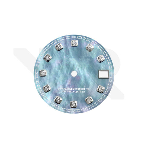 Date Just Style Mother of Pearl Dial with Zirconia Indices for Seiko Mod: Blue MOP with Minute Markers