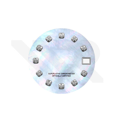 Date Just Style Mother of Pearl Dial with Zirconia Indices for Seiko Mod: White MOP Without Minute Marker